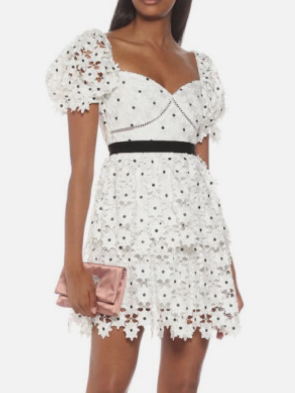 Just Me White Floral Eyelet Puff-Sleeve Mini Dress with Black Waistband